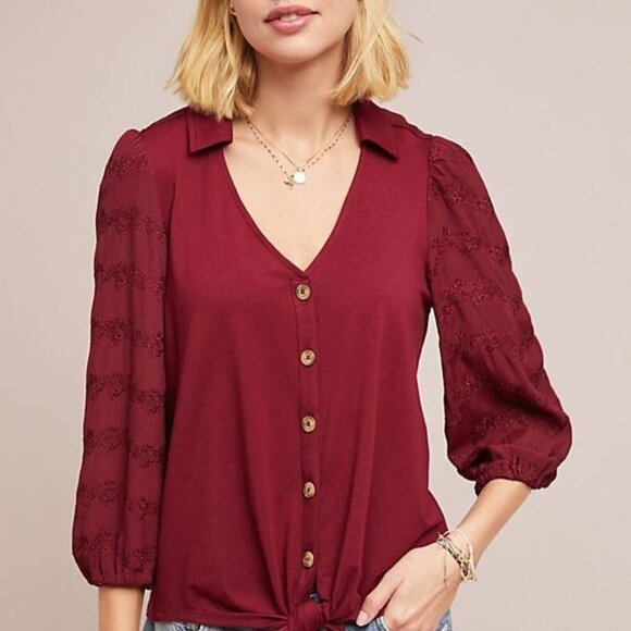 Anthropologie Tops - Anthroplogie Vanessa Virginia Embroidered Button‎ Tie Knot Top S